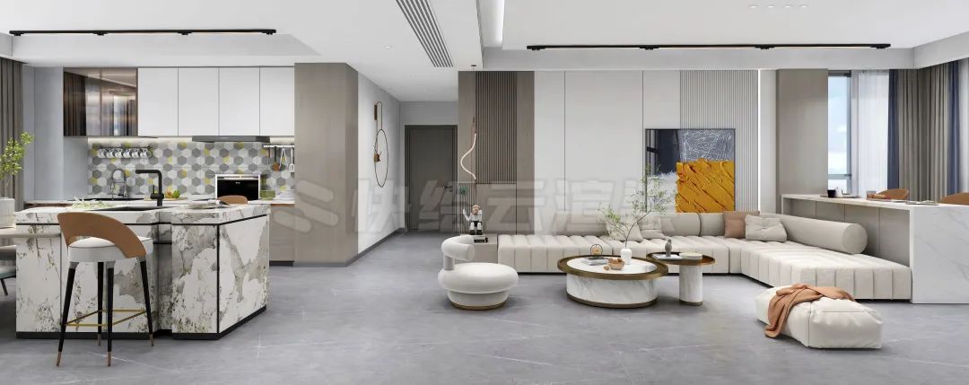 粉色视频网站APP入口免费质感砖灰色系客餐厅家居空间效果图