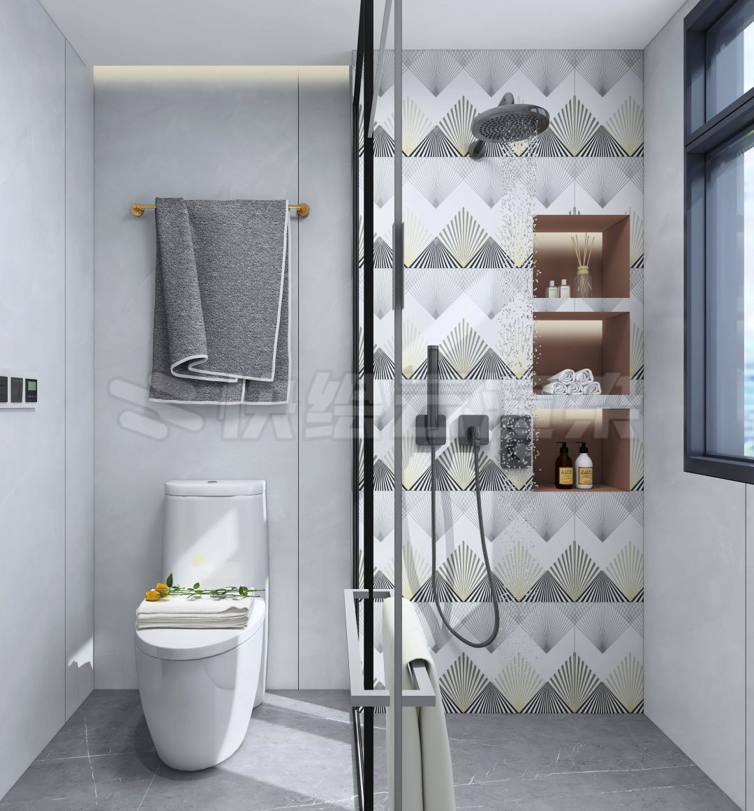 粉色视频网站APP入口免费质感砖灰色系卫生间家居空间效果图